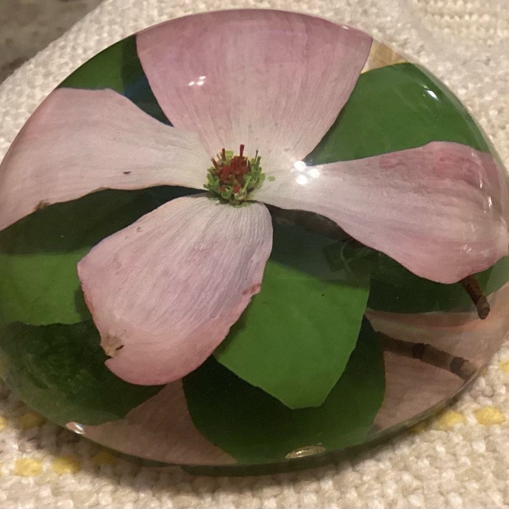 Art Glass Pink and Green Floral Paperweight